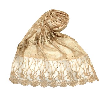 Net hijab with flower design and moti work - Light brown